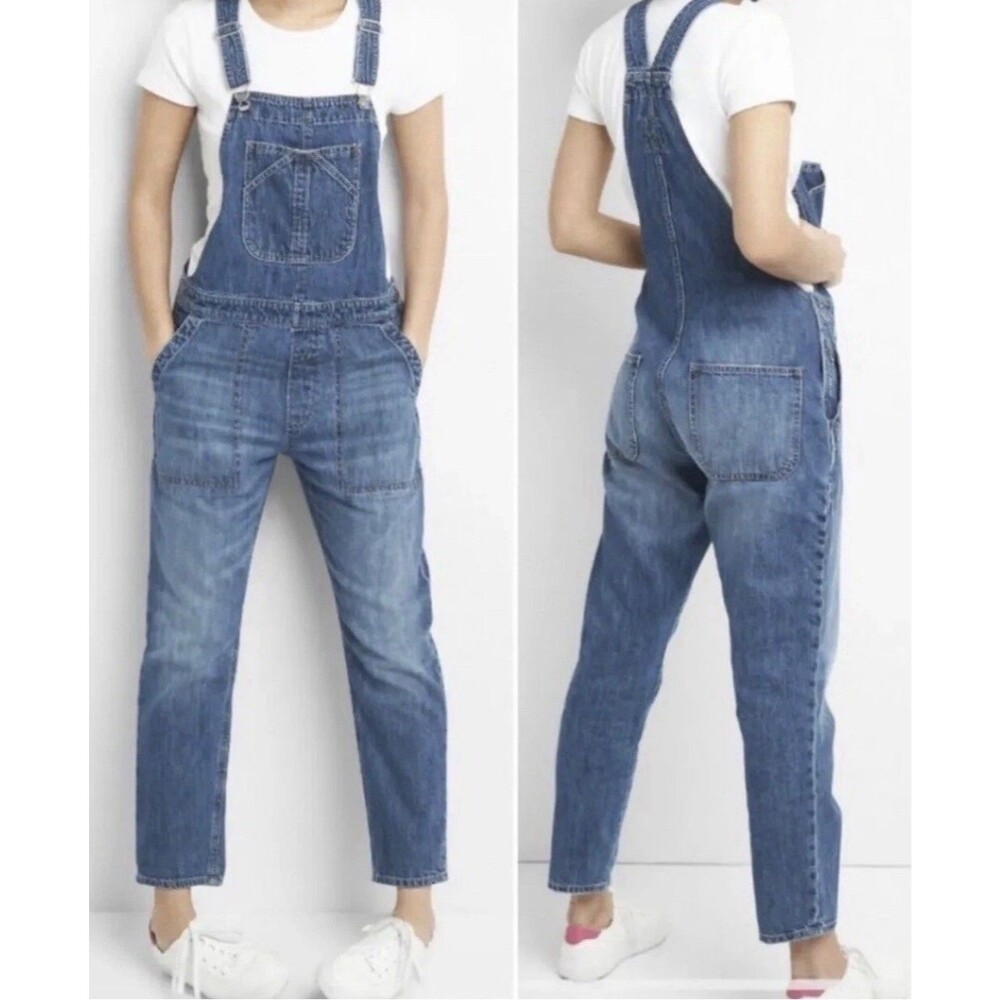 GAP Women’s Blue Denim Overall One-Piece L Relaxed Straight Leg 27in Pockets